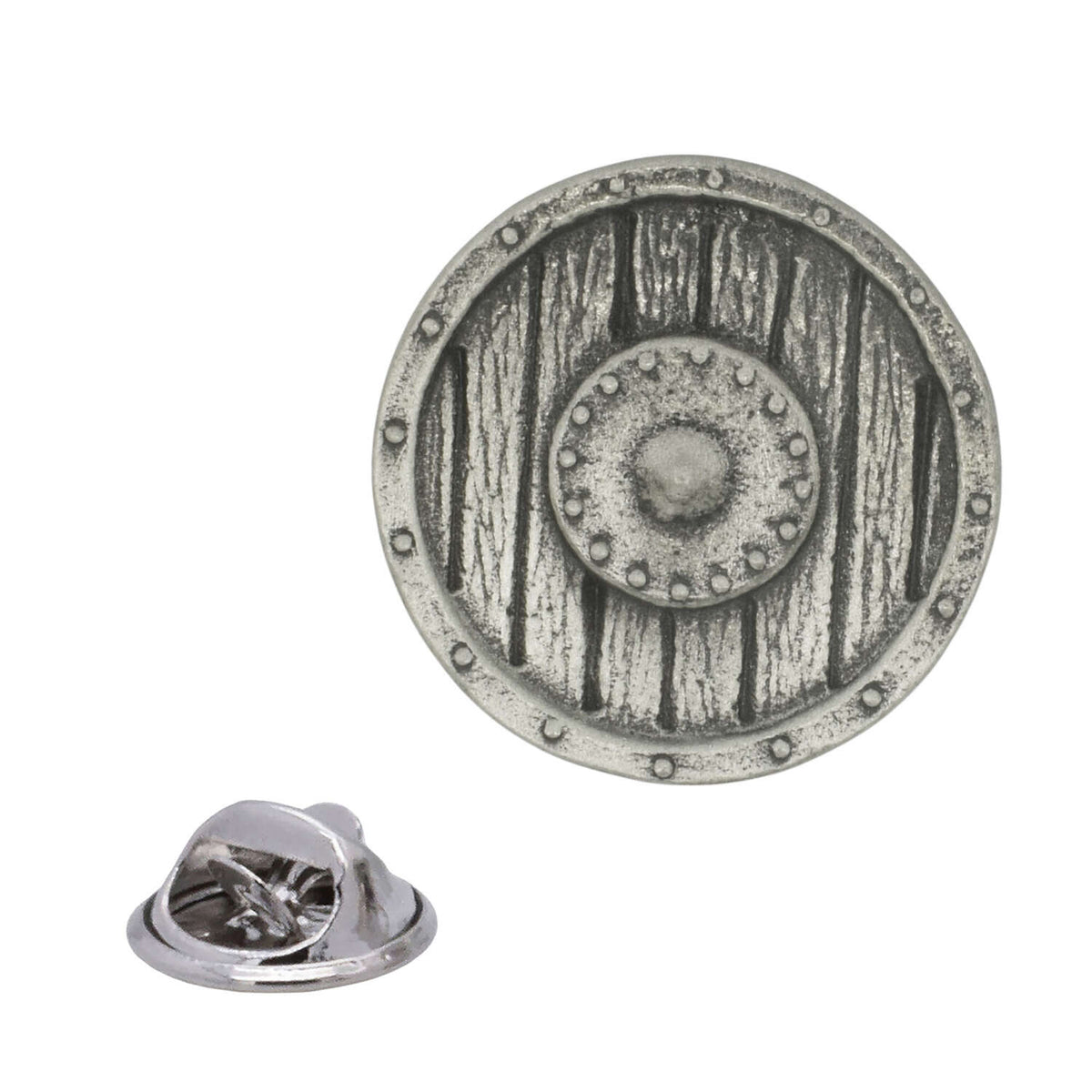 Round antique silver Viking shield pewter lapel pin badge with wood-grain planks, raised central boss and rear butterfly clasp