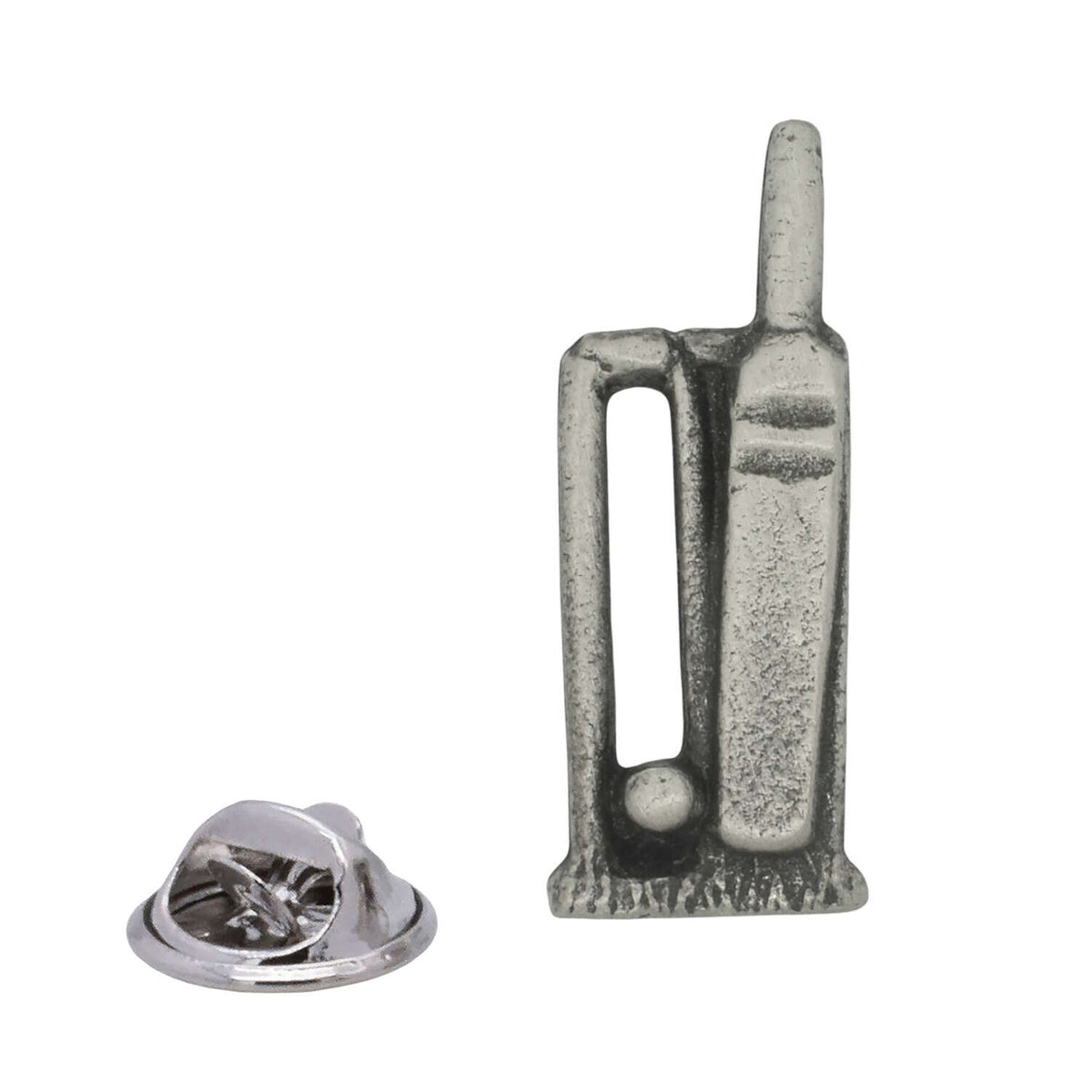 Antique silver cricket pewter lapel pin badge featuring bat, ball and stumps with rear butterfly clasp