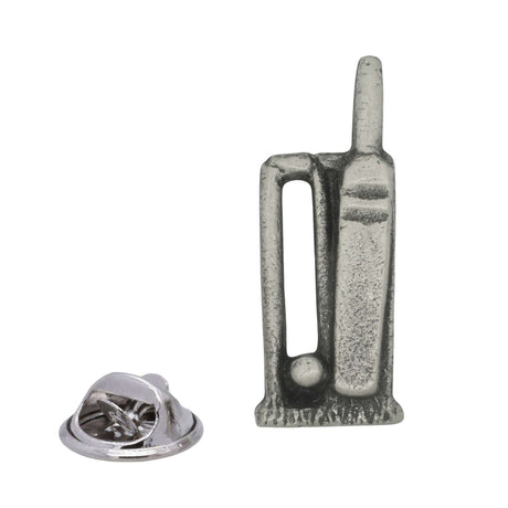 Antique silver cricket pewter lapel pin badge featuring bat, ball and stumps with rear butterfly clasp