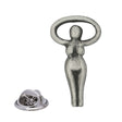 Antique silver Earth Mother goddess pewter lapel pin with stylised raised arms and rear butterfly clasp