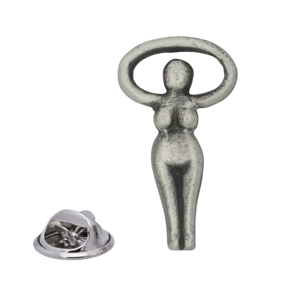 Antique silver Earth Mother goddess pewter lapel pin with stylised raised arms and rear butterfly clasp