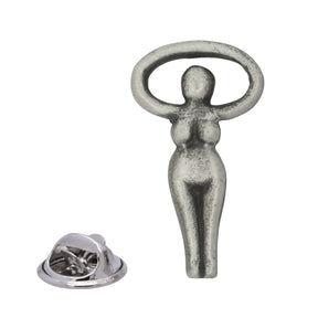 Antique silver Earth Mother goddess pewter lapel pin with stylised raised arms and rear butterfly clasp