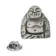 Antique silver smiling seated Buddha pewter lapel pin badge with detailed robes and rear butterfly clasp