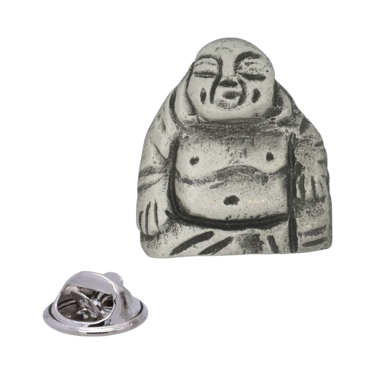 Antique silver smiling seated Buddha pewter lapel pin badge with detailed robes and rear butterfly clasp