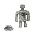 Antique silver Wicker Man pewter lapel pin with woven effigy design and rear butterfly clasp