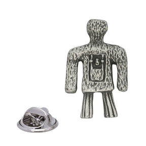 Antique silver Wicker Man pewter lapel pin with woven effigy design and rear butterfly clasp