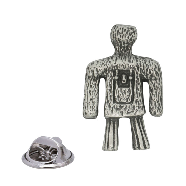 Antique silver Wicker Man pewter lapel pin with woven effigy design and rear butterfly clasp