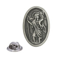 Oval antique silver St Christopher pewter lapel pin showing saint carrying Christ Child with walking staff and rear clasp