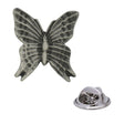 Antique silver butterfly pewter lapel pin with detailed patterned wings and rear butterfly clasp