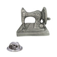Antique silver vintage sewing machine pewter lapel pin badge with floral decoration, handwheel and rear butterfly clasp