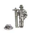 Antique silver traditional chimney sweep pewter lapel pin with top hat, chimney brush and rear butterfly clasp