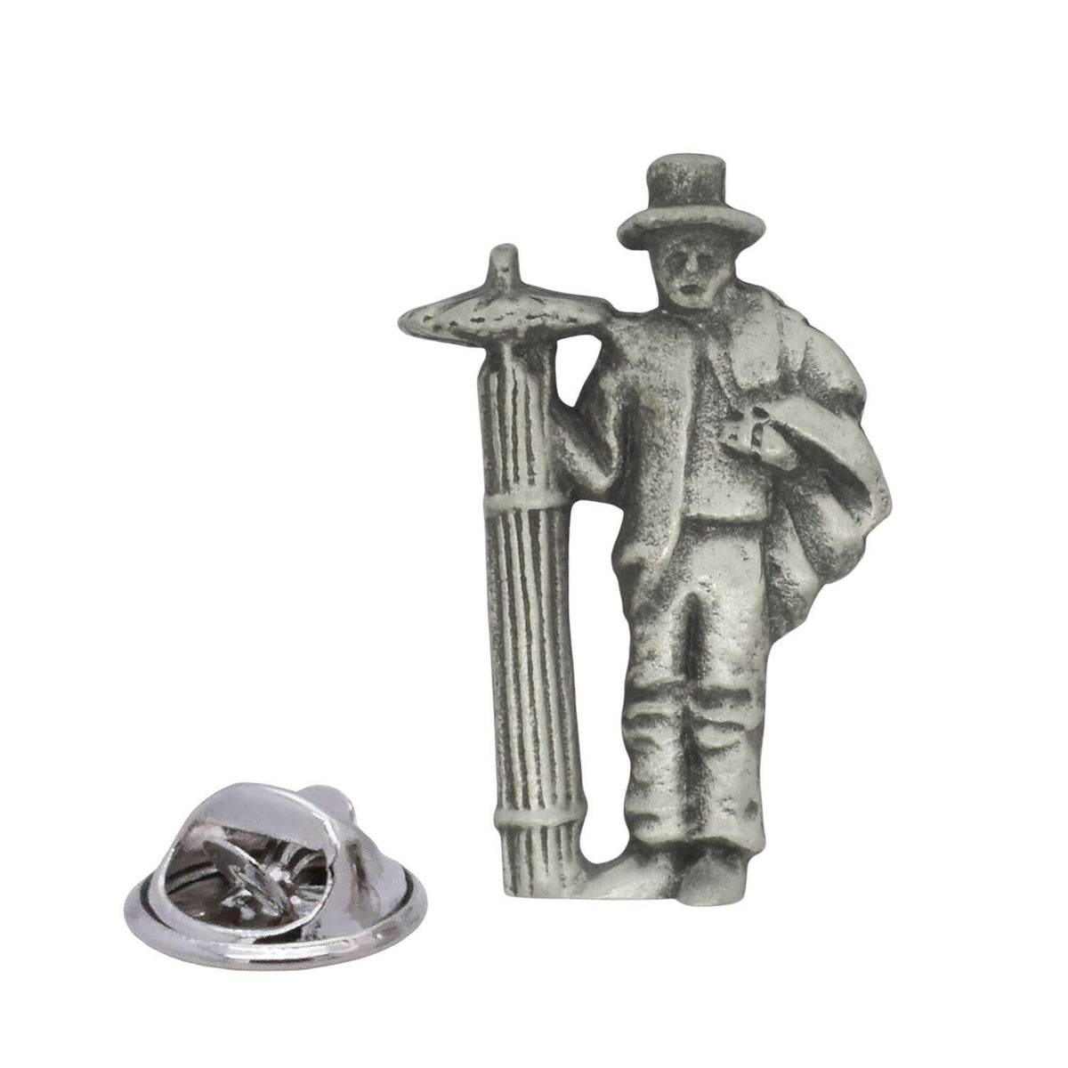 Antique silver traditional chimney sweep pewter lapel pin with top hat, chimney brush and rear butterfly clasp
