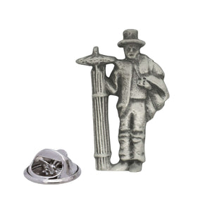 Antique silver traditional chimney sweep pewter lapel pin with top hat, chimney brush and rear butterfly clasp
