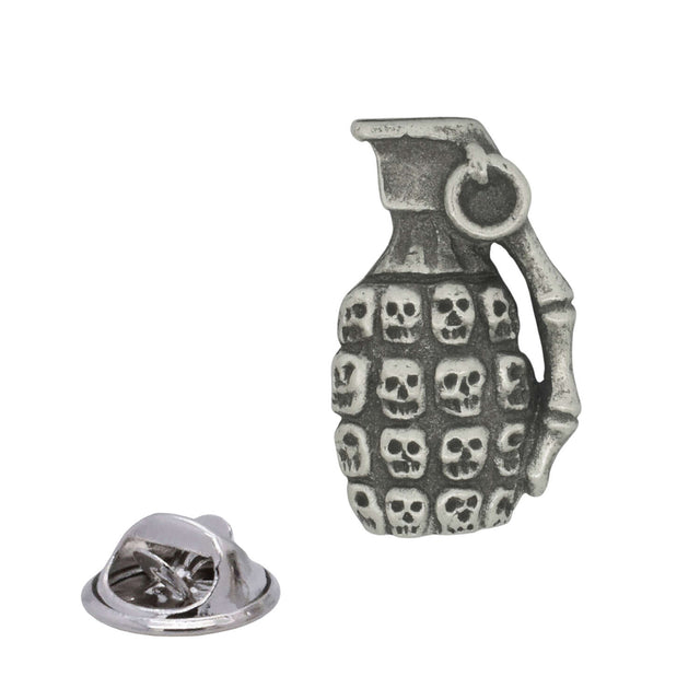 Antique silver skull grenade pewter lapel pin badge with rows of miniature skulls and rear butterfly clasp