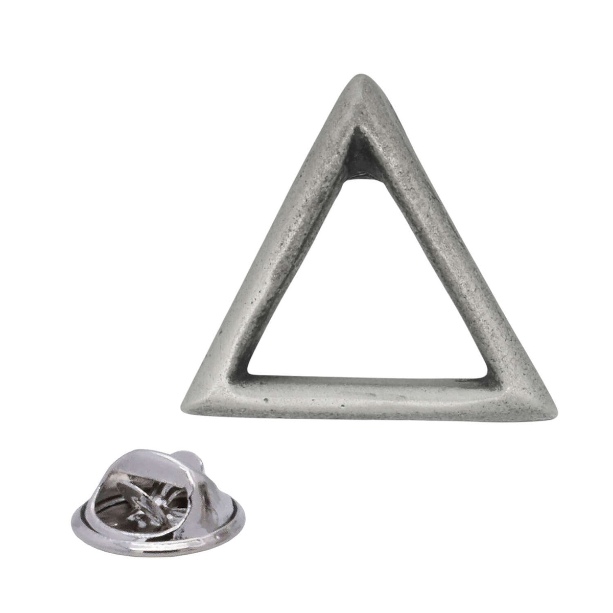 Antique silver fire element pewter lapel pin badge with open upward-pointing triangle and rear butterfly clasp