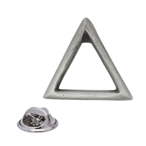 Antique silver fire element pewter lapel pin badge with open upward-pointing triangle and rear butterfly clasp