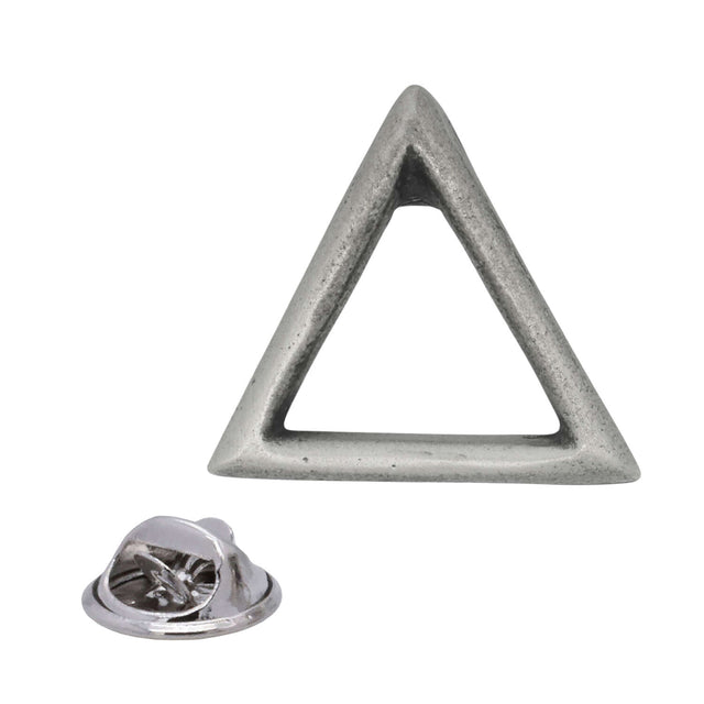 Antique silver fire element pewter lapel pin badge with open upward-pointing triangle and rear butterfly clasp