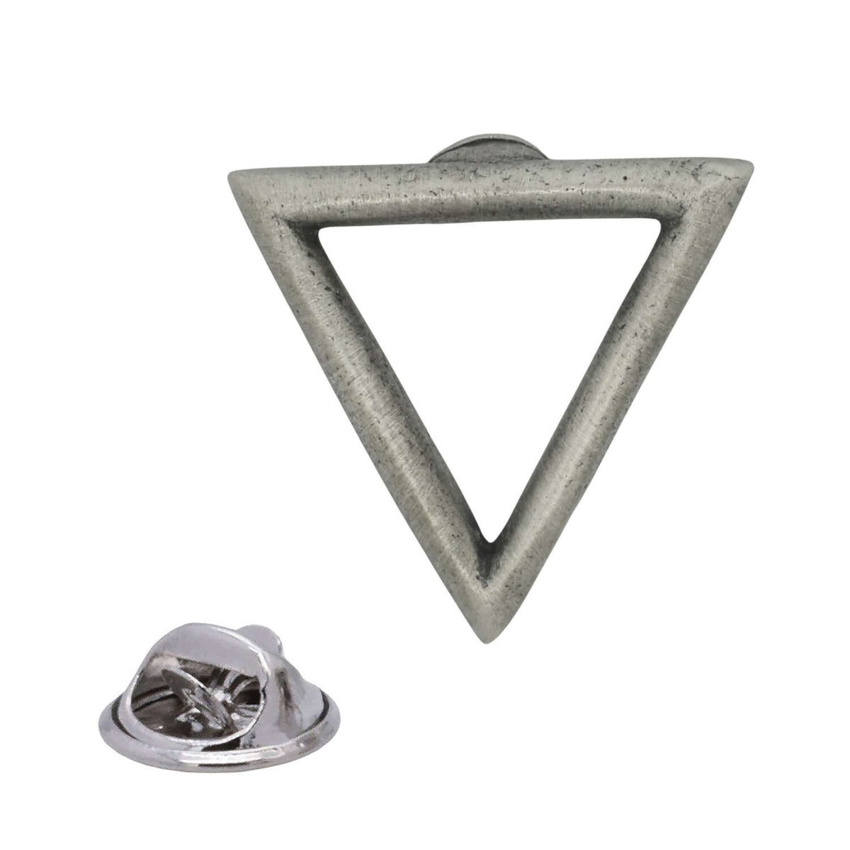 Antique silver Water element pewter lapel pin badge with open downward-pointing triangle and rear butterfly clasp