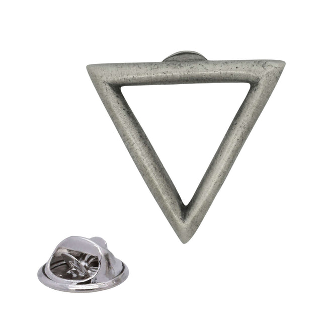 Antique silver Water element pewter lapel pin badge with open downward-pointing triangle and rear butterfly clasp