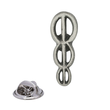 Antique silver Health symbol pewter lapel pin with three stacked oval loops and rear butterfly clasp