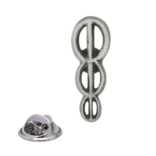 Antique silver Health symbol pewter lapel pin with three stacked oval loops and rear butterfly clasp