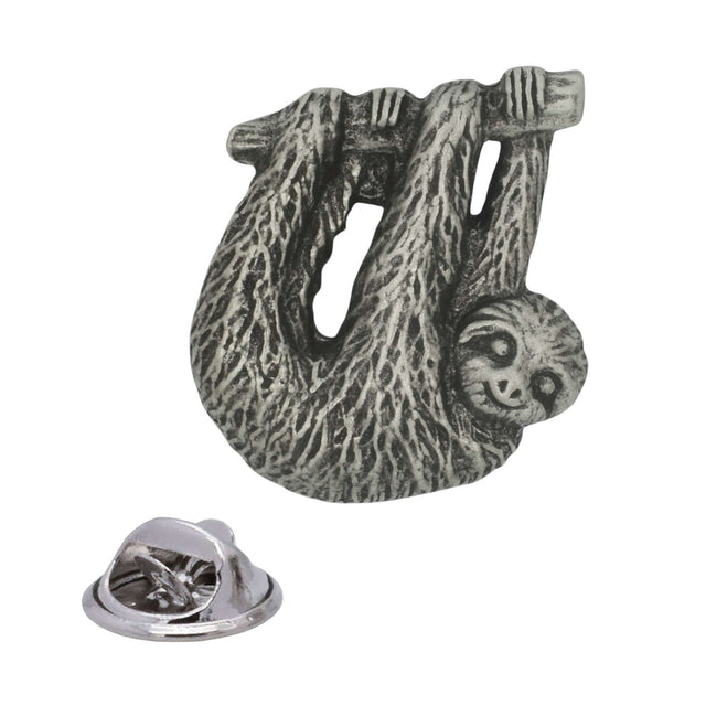 Antique silver sloth pewter lapel pin with sloth hanging upside down from branch and rear butterfly clasp