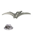 Antique silver flying pterodactyl pewter lapel pin with outstretched wings, long beak and rear butterfly clasp