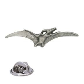 Antique silver flying pterodactyl pewter lapel pin with outstretched wings, long beak and rear butterfly clasp