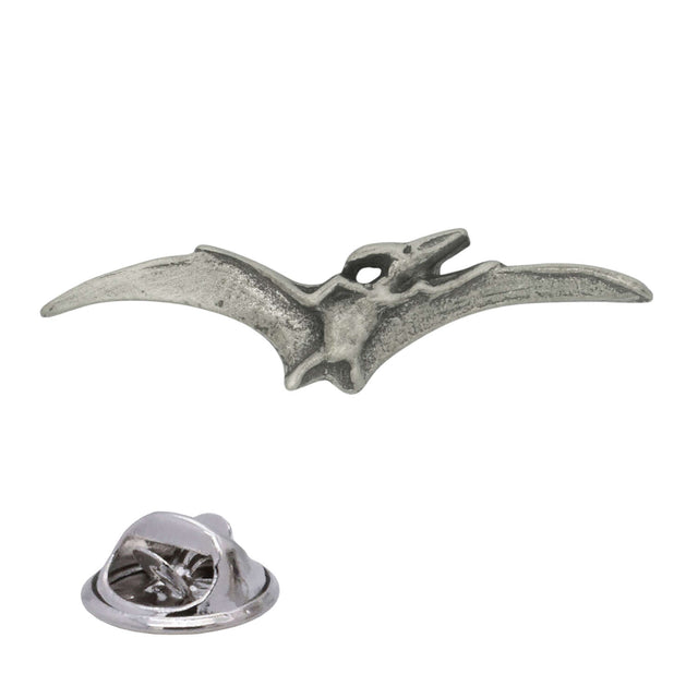 Antique silver flying pterodactyl pewter lapel pin with outstretched wings, long beak and rear butterfly clasp