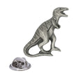 Antique silver Tyrannosaurus Rex pewter lapel pin with roaring dinosaur, curved tail and rear butterfly clasp