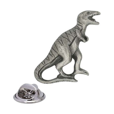Antique silver Tyrannosaurus Rex pewter lapel pin with roaring dinosaur, curved tail and rear butterfly clasp