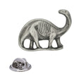 Antique silver Brontosaurus pewter lapel pin badge with long neck, four legs, curved tail and rear butterfly clasp