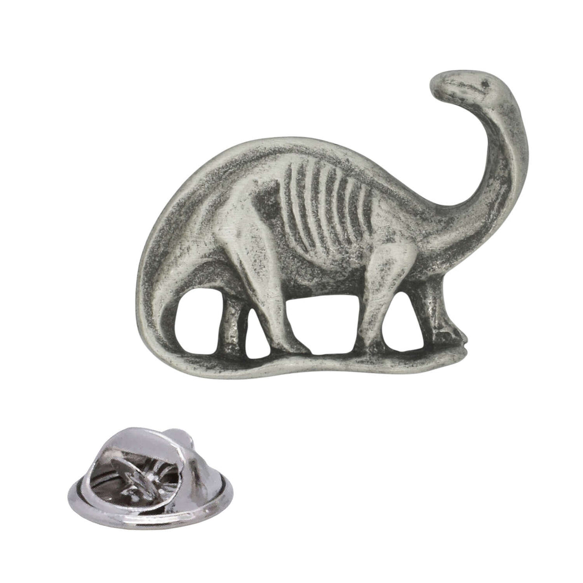 Antique silver Brontosaurus pewter lapel pin badge with long neck, four legs, curved tail and rear butterfly clasp