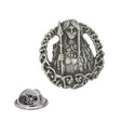 Antique silver Freya Norse goddess pewter lapel pin with spear, ornamental round frame and rear butterfly clasp