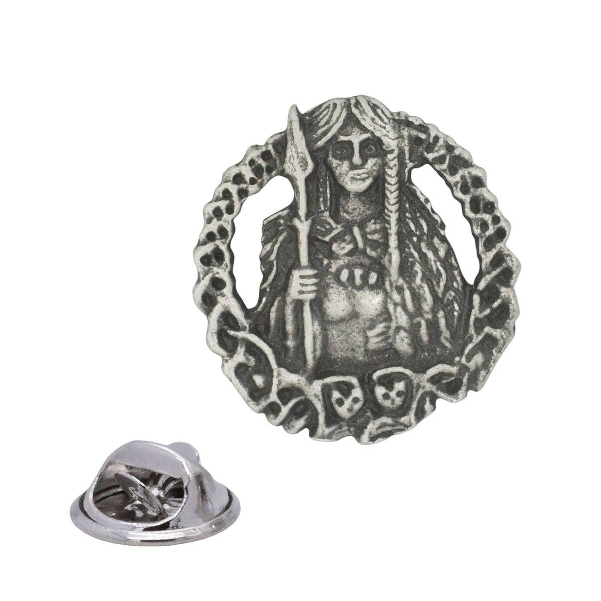 Antique silver Freya Norse goddess pewter lapel pin with spear, ornamental round frame and rear butterfly clasp