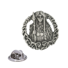 Antique silver Freya Norse goddess pewter lapel pin with spear, ornamental round frame and rear butterfly clasp