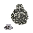 Antique silver Hel Norse mythology pewter lapel pin depicting half-living half-skeletal woman with decorative border and rear clasp