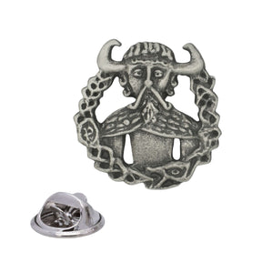 Antique silver Loki Norse mythology pewter lapel pin showing horned figure, decorative knotwork border and butterfly clasp