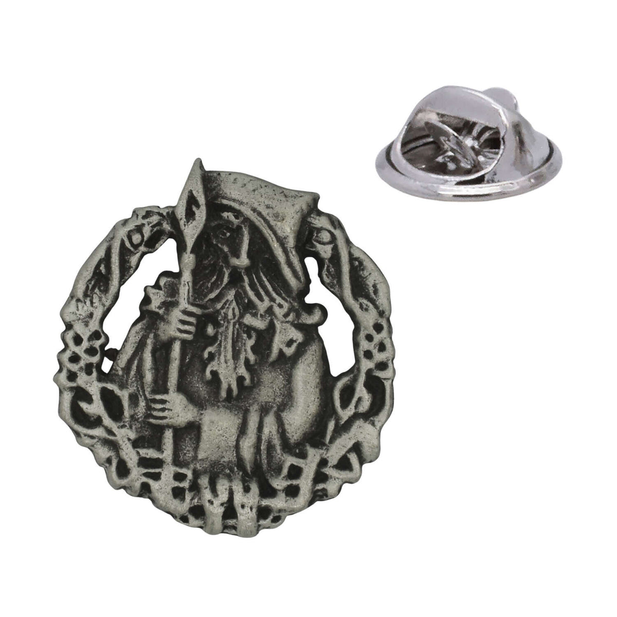 Antique silver Odin Norse god pewter lapel pin showing hooded bearded figure holding a spear with decorative knotwork border and rear clasp