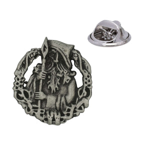 Antique silver Odin Norse god pewter lapel pin showing hooded bearded figure holding a spear with decorative knotwork border and rear clasp