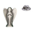 Antique silver Guardian Angel pewter lapel pin showing standing angel with wings and rear butterfly clasp