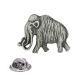 Antique silver woolly mammoth pewter lapel pin with shaggy fur, curled tusks, long trunk and rear butterfly clasp