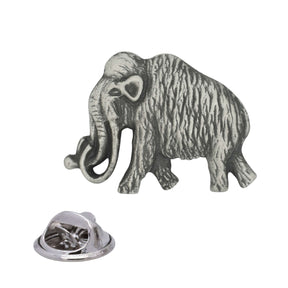 Antique silver woolly mammoth pewter lapel pin with shaggy fur, curled tusks, long trunk and rear butterfly clasp