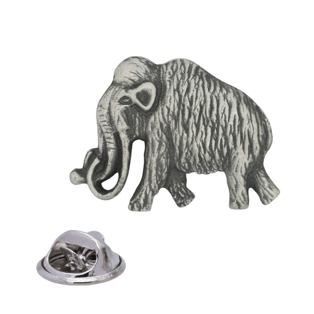 Antique silver woolly mammoth pewter lapel pin with shaggy fur, curled tusks, long trunk and rear butterfly clasp