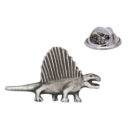 Antique silver Dimetrodon pewter lapel pin with tall sail on back, open mouth, long tail and rear butterfly clasp