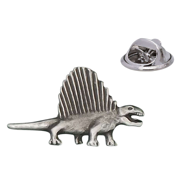 Antique silver Dimetrodon pewter lapel pin with tall sail on back, open mouth, long tail and rear butterfly clasp