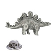 Antique silver Stegosaurus pewter lapel pin badge with back plates, spiked tail, four legs and rear butterfly clasp