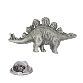 Antique silver Stegosaurus pewter lapel pin badge with back plates, spiked tail, four legs and rear butterfly clasp