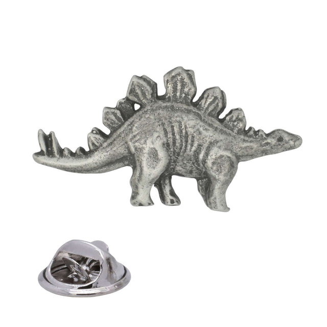 Antique silver Stegosaurus pewter lapel pin badge with back plates, spiked tail, four legs and rear butterfly clasp
