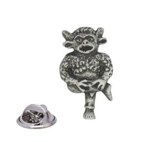Antique silver Lincoln Imp pewter lapel pin depicting mischievous horned imp with butterfly clasp shown